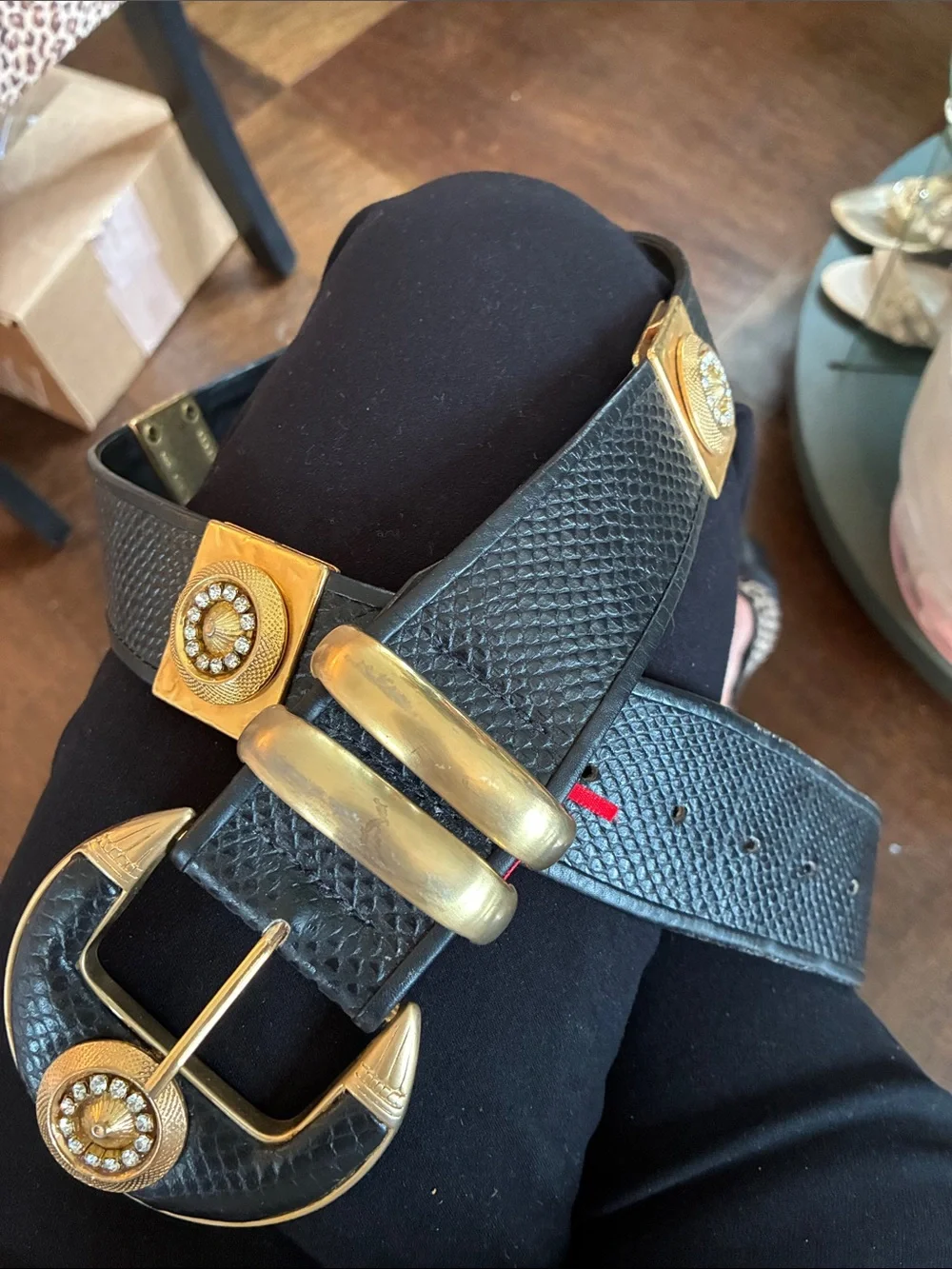 Vintage Black Leather Belt with Gold Tone Buckle and Rhinestone Accents